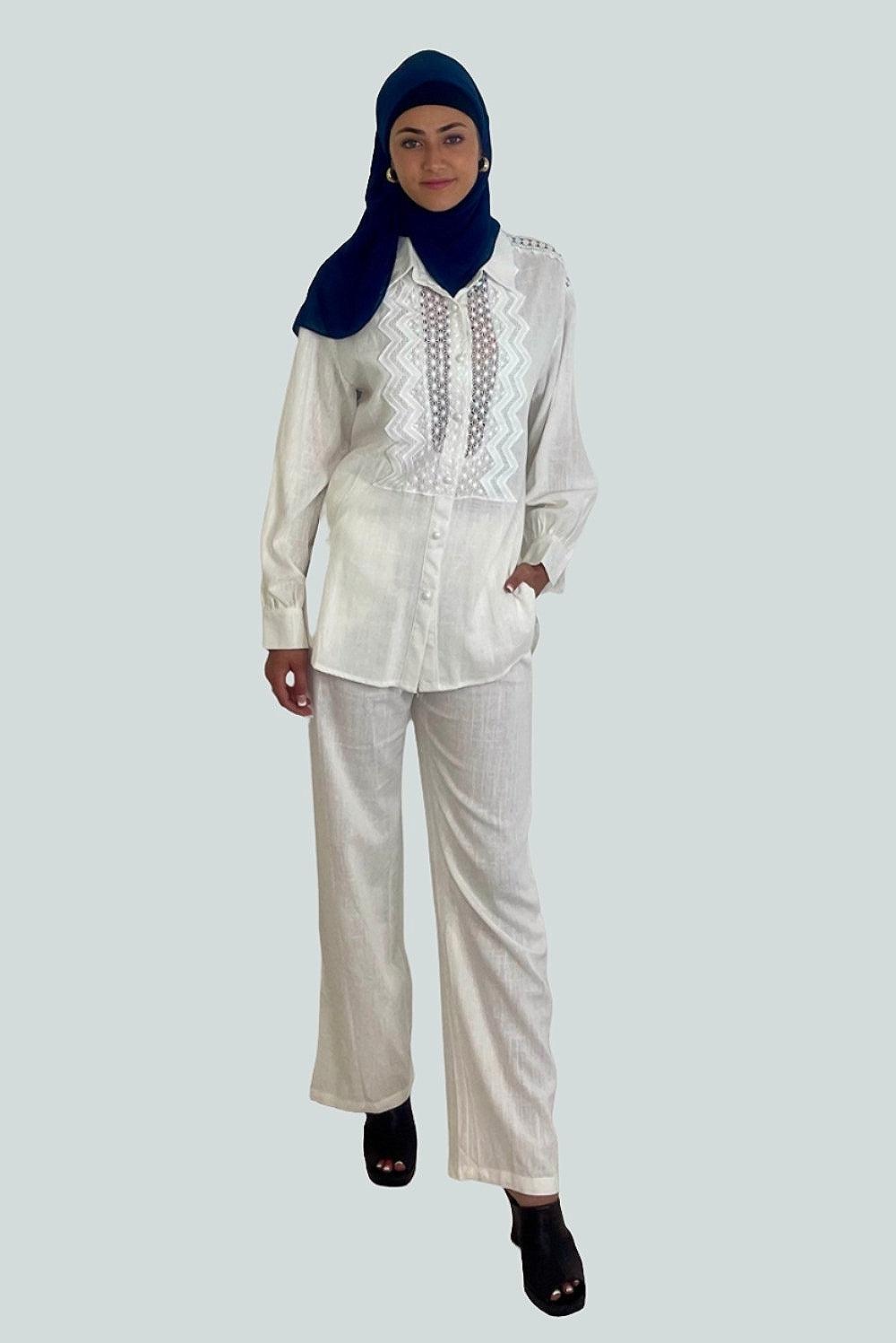 Crochet Lace Trim Button Down Long Sleeve Blouse And Wide Leg Coord Set-SinglePrice