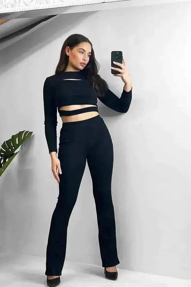 Ribbed Jersey Cut Out Details Crop Top And Trousers Set-SinglePrice