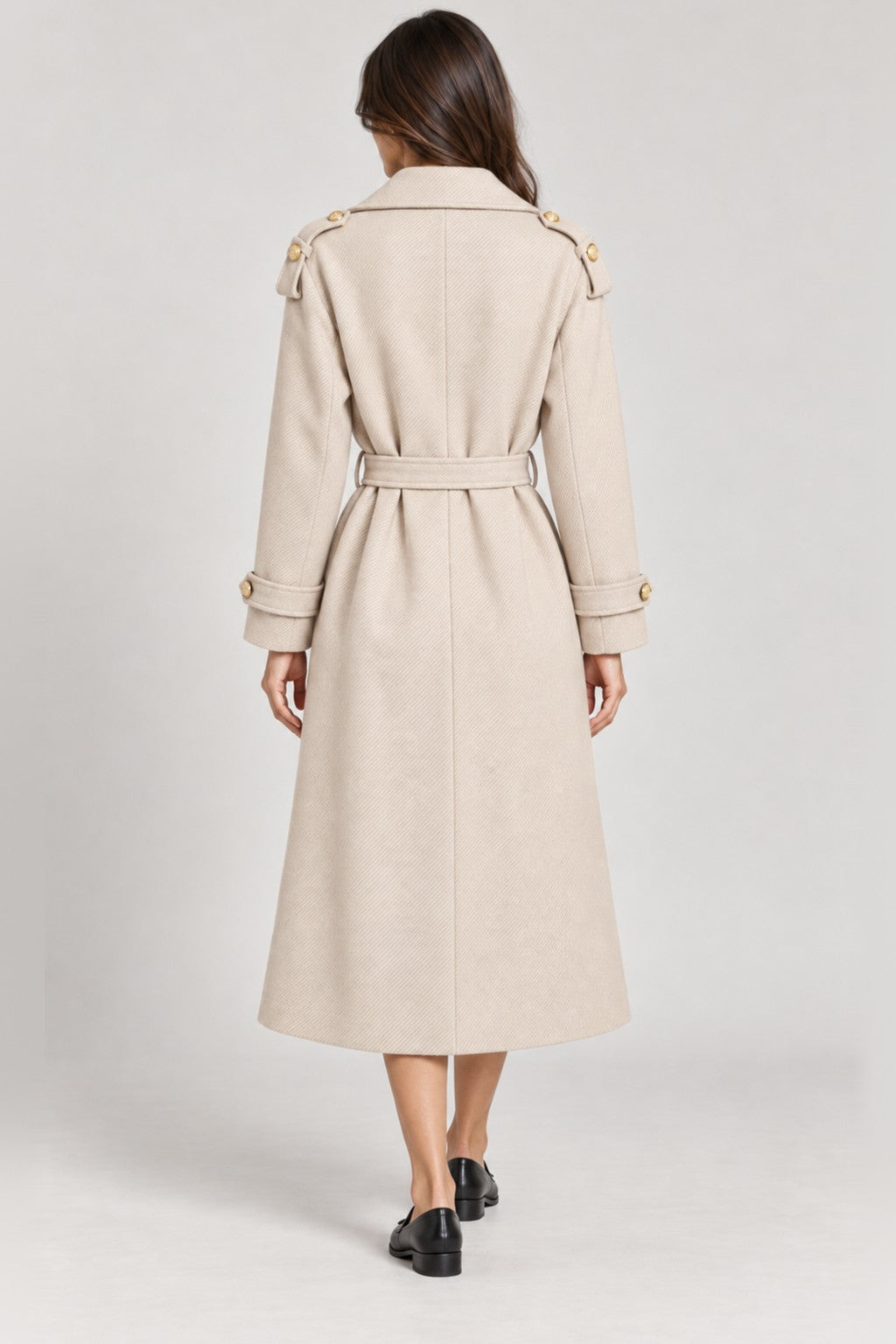 Double Breasted Belted Longline Trench Coat - BEIGE back view