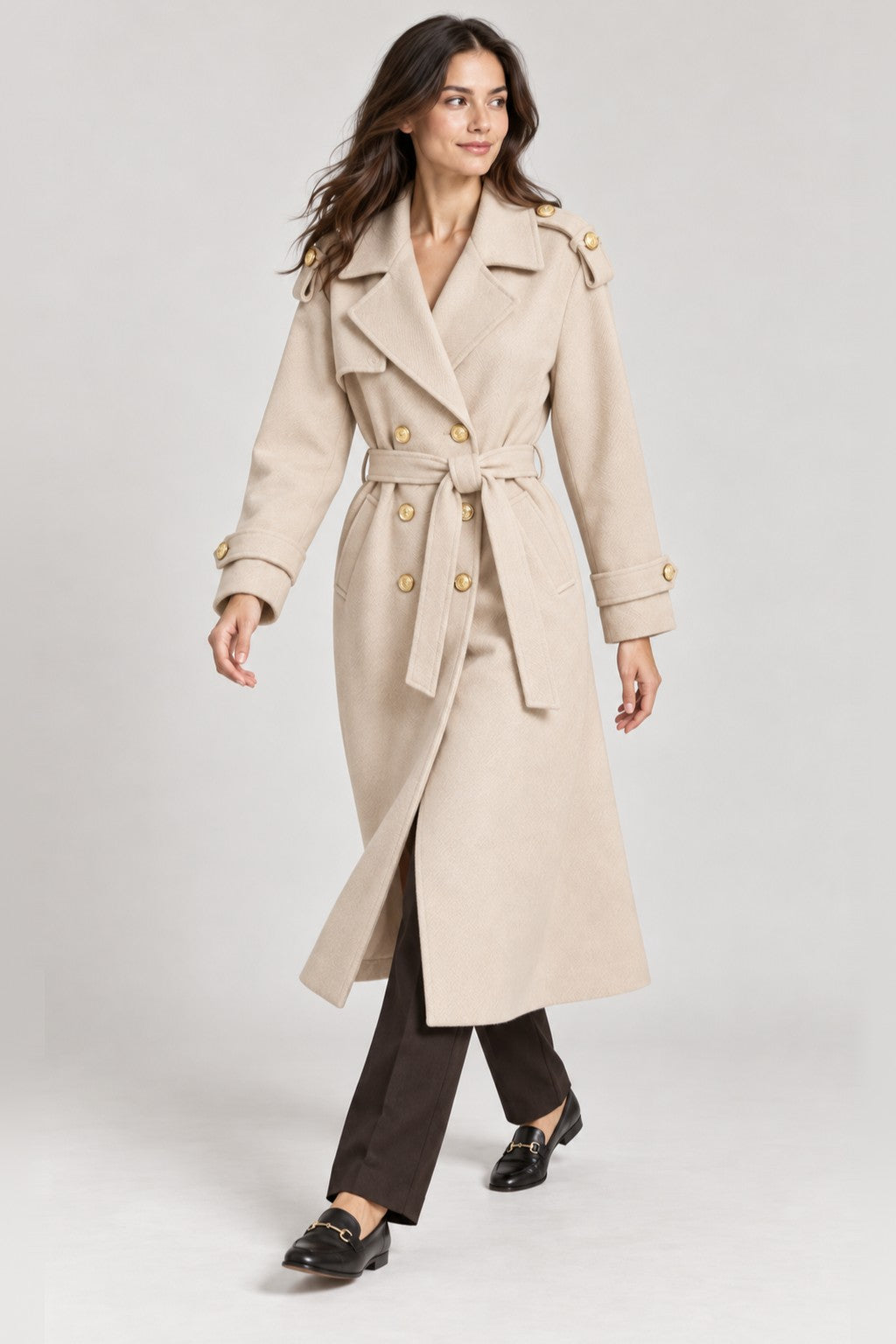 Double Breasted Belted Longline Trench Coat - BEIGE