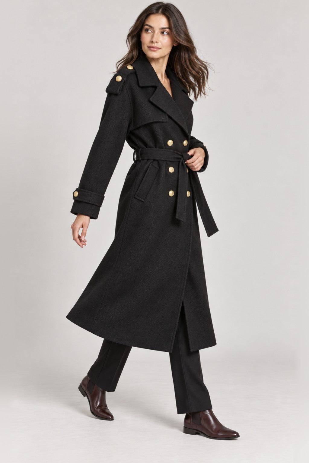Double Breasted Belted Longline Trench Coat - BLACK