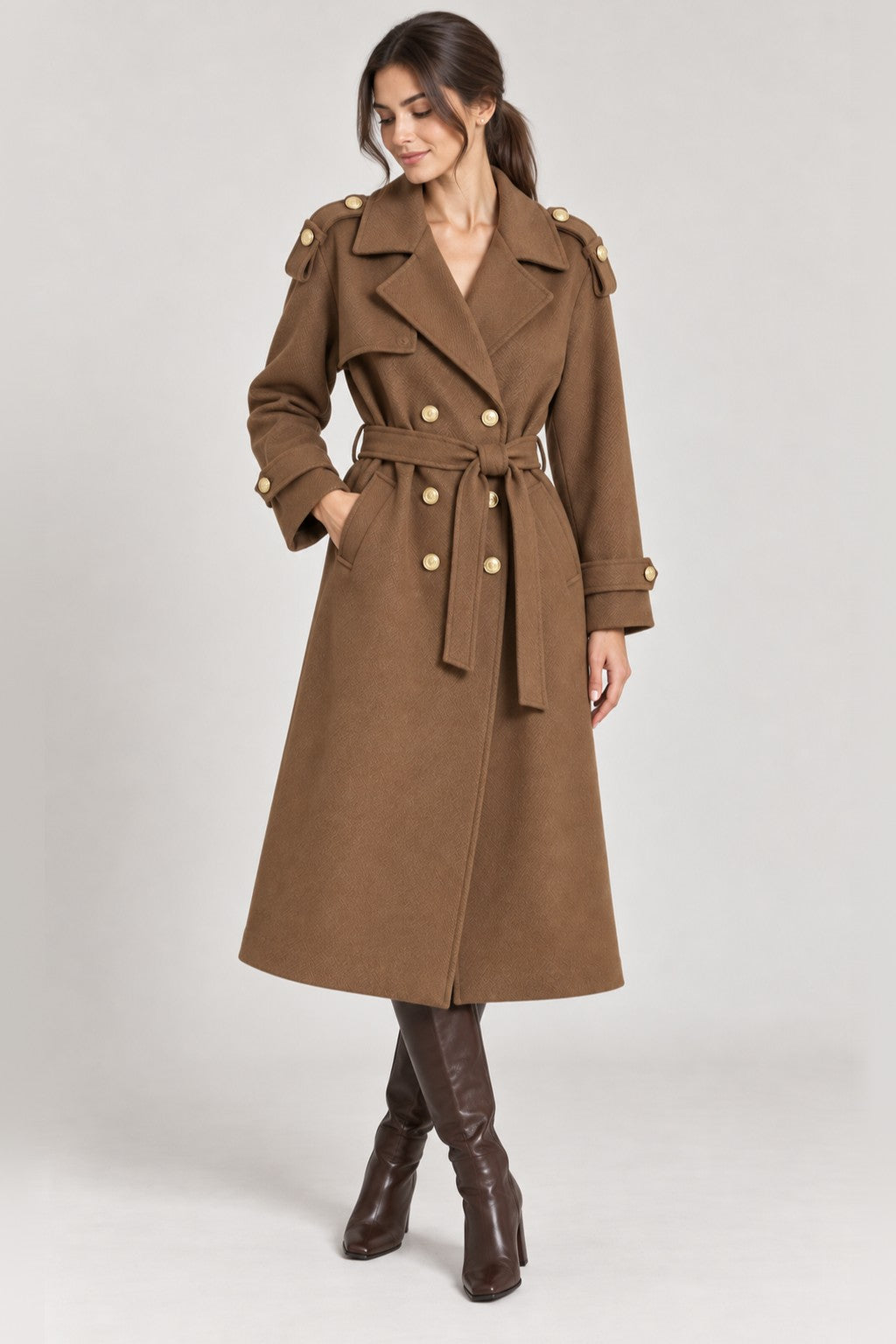 Double Breasted Belted Longline Trench Coat - BROWN