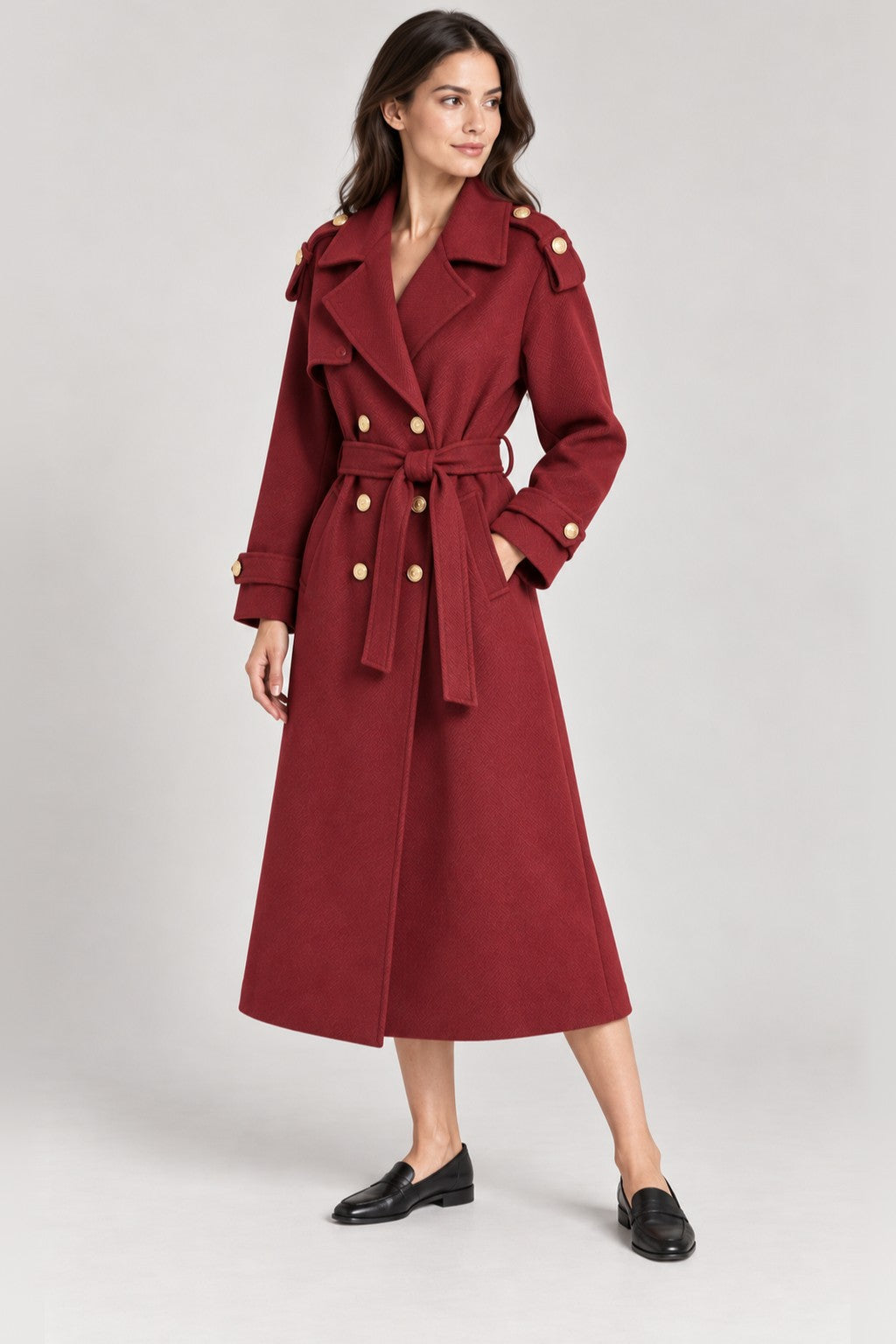 Double Breasted Belted Longline Trench Coat - BURGUNDY