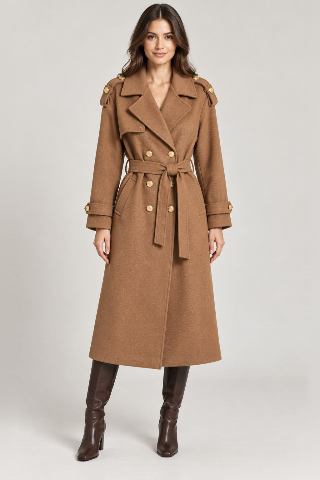 Double Breasted Belted Longline Trench Coat - CAMEL