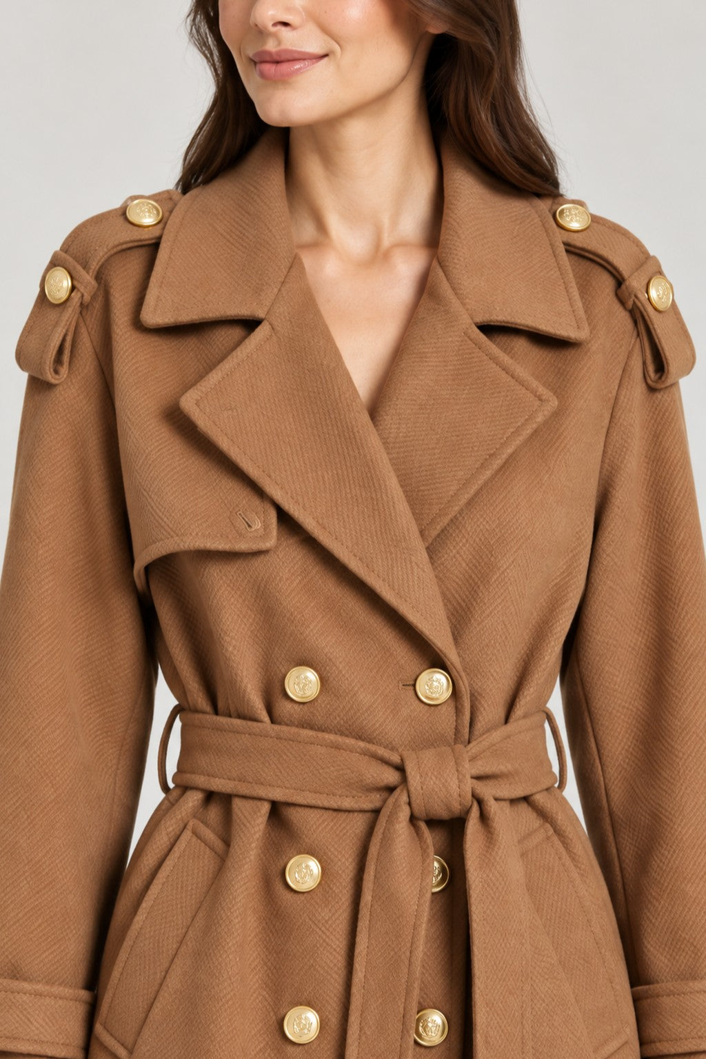 Double Breasted Belted Longline Trench Coat - CAMEL button detail
