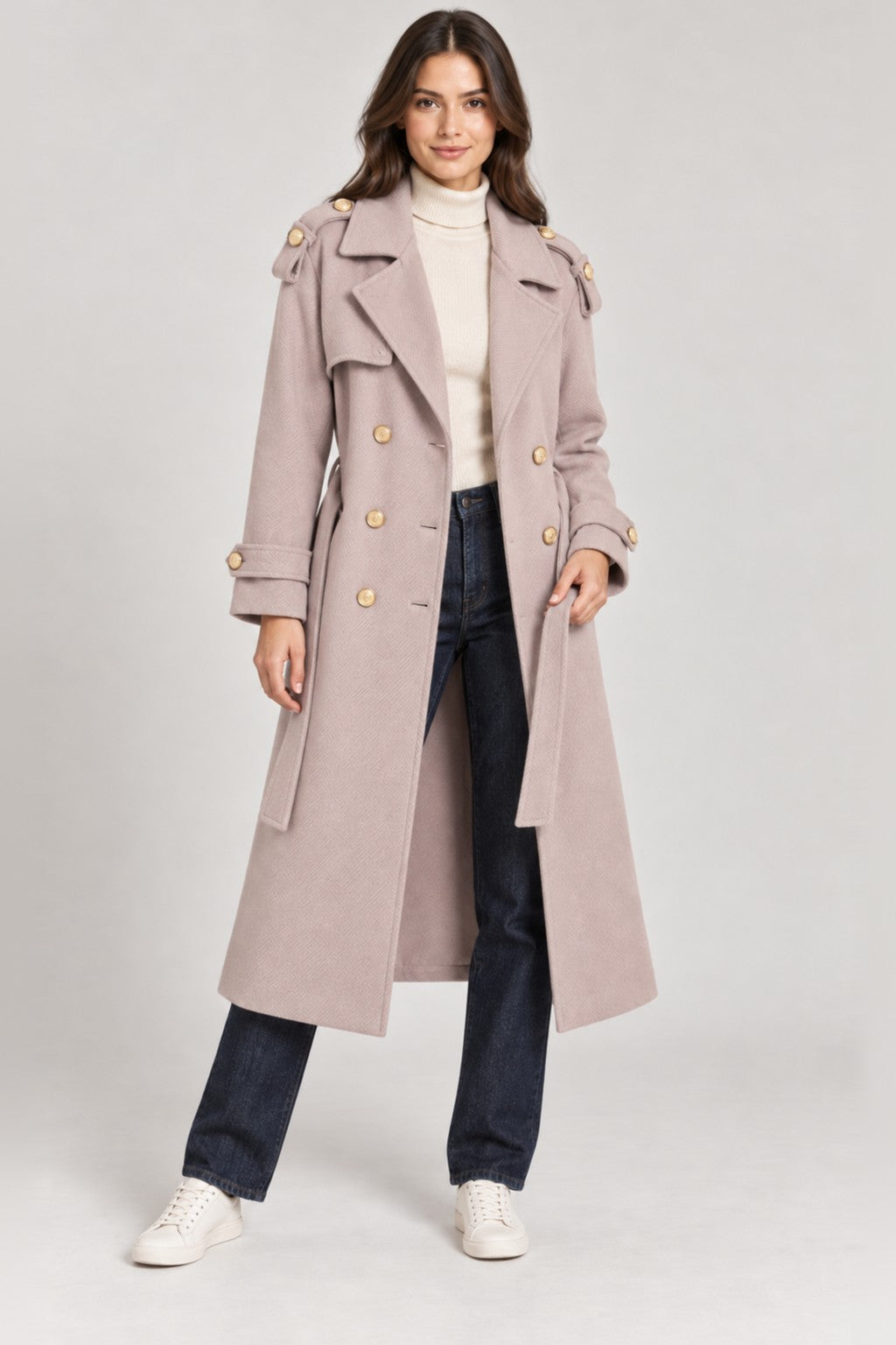 Double Breasted Belted Longline Trench Coat - DUSTY PINK