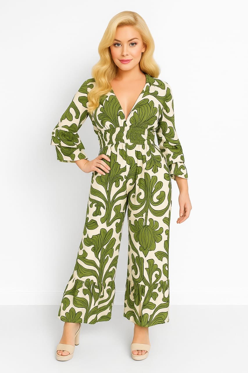 Shirred Waist Floral Print Slinky Jumpsuit
