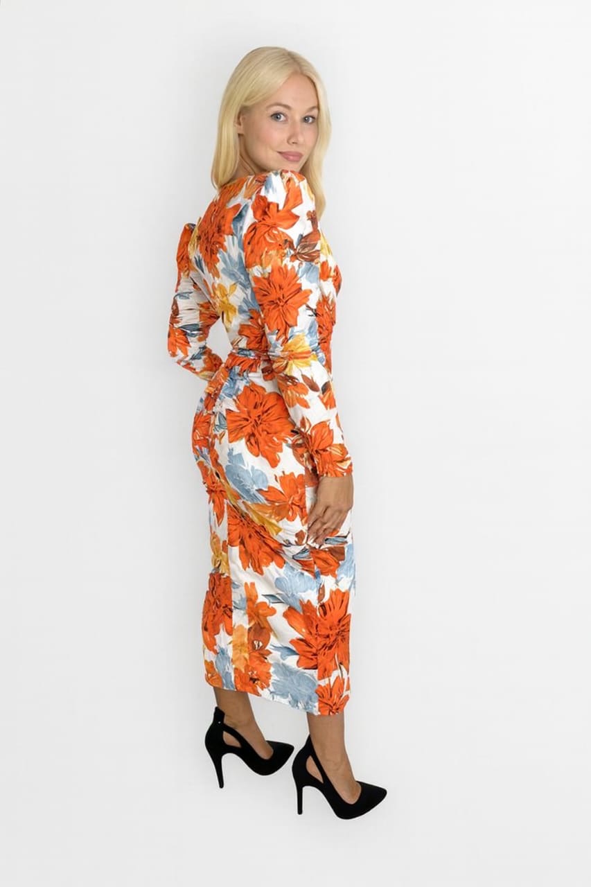 Ruched Puff Long Sleeve Low Cut Floral Print Slinky Bodycon Dress