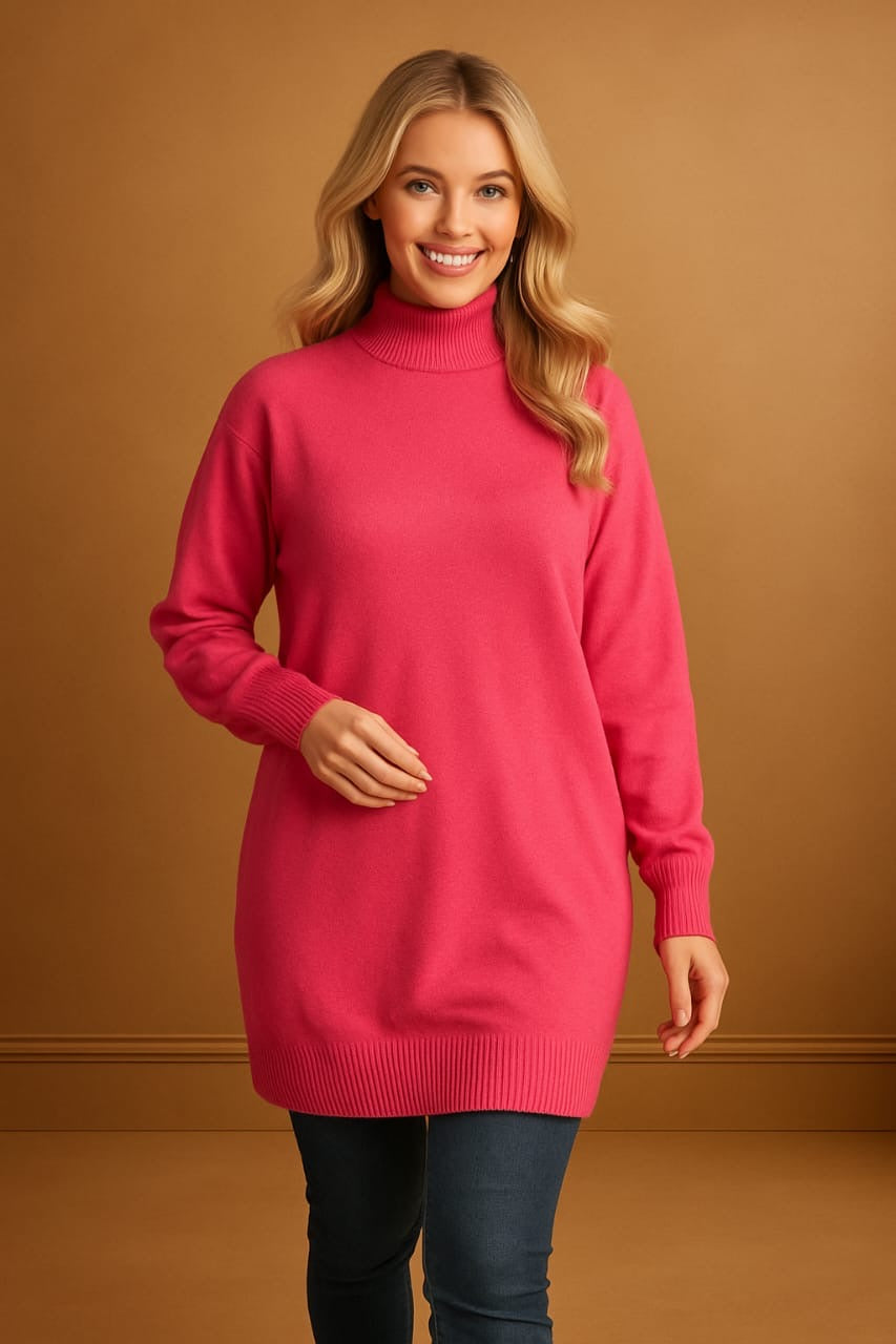 Hot Pink High Neck Oversized Longline Pullover