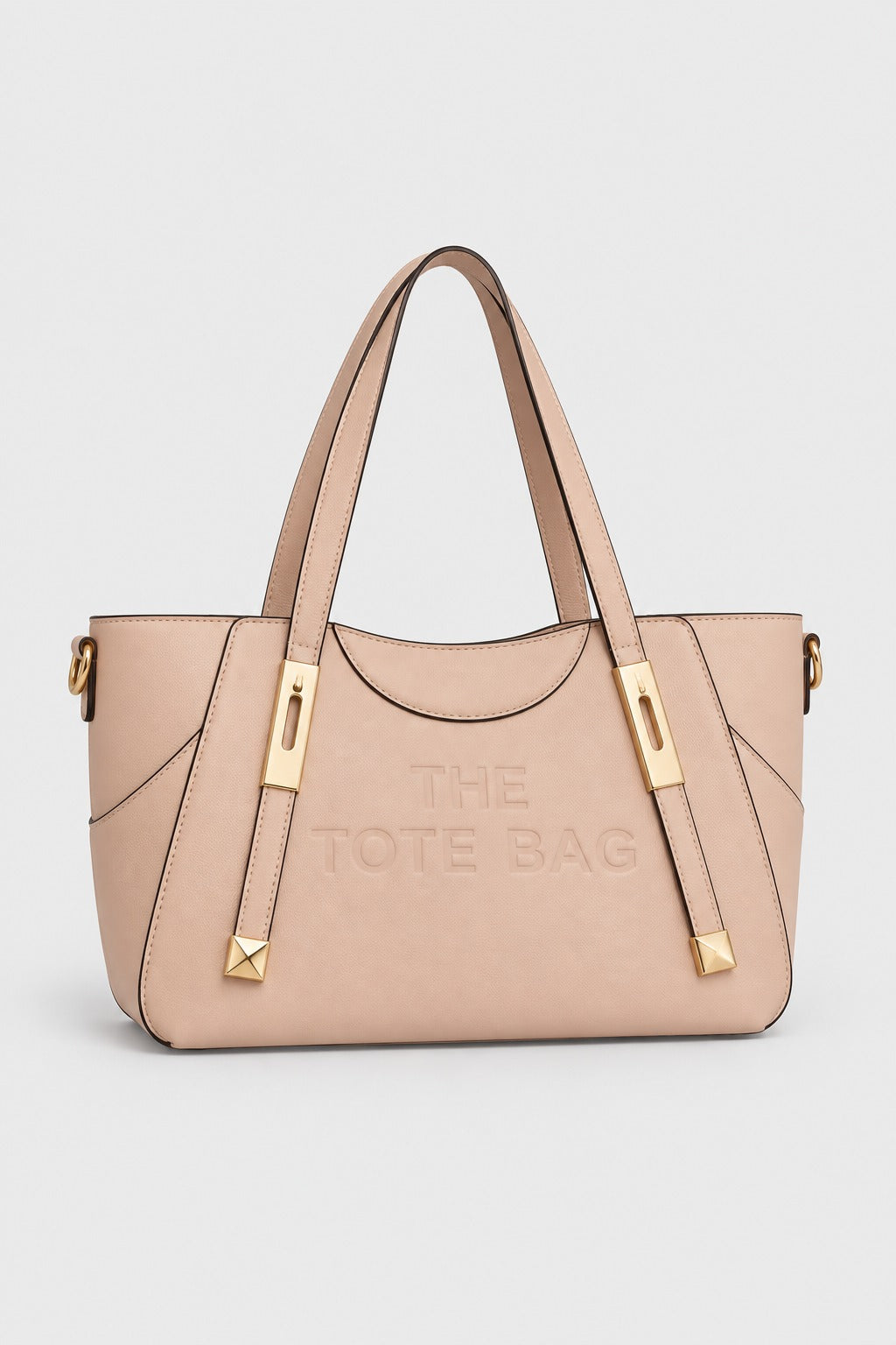Embossed Slogan Gold Hardware Tote Bag - APRICOT
