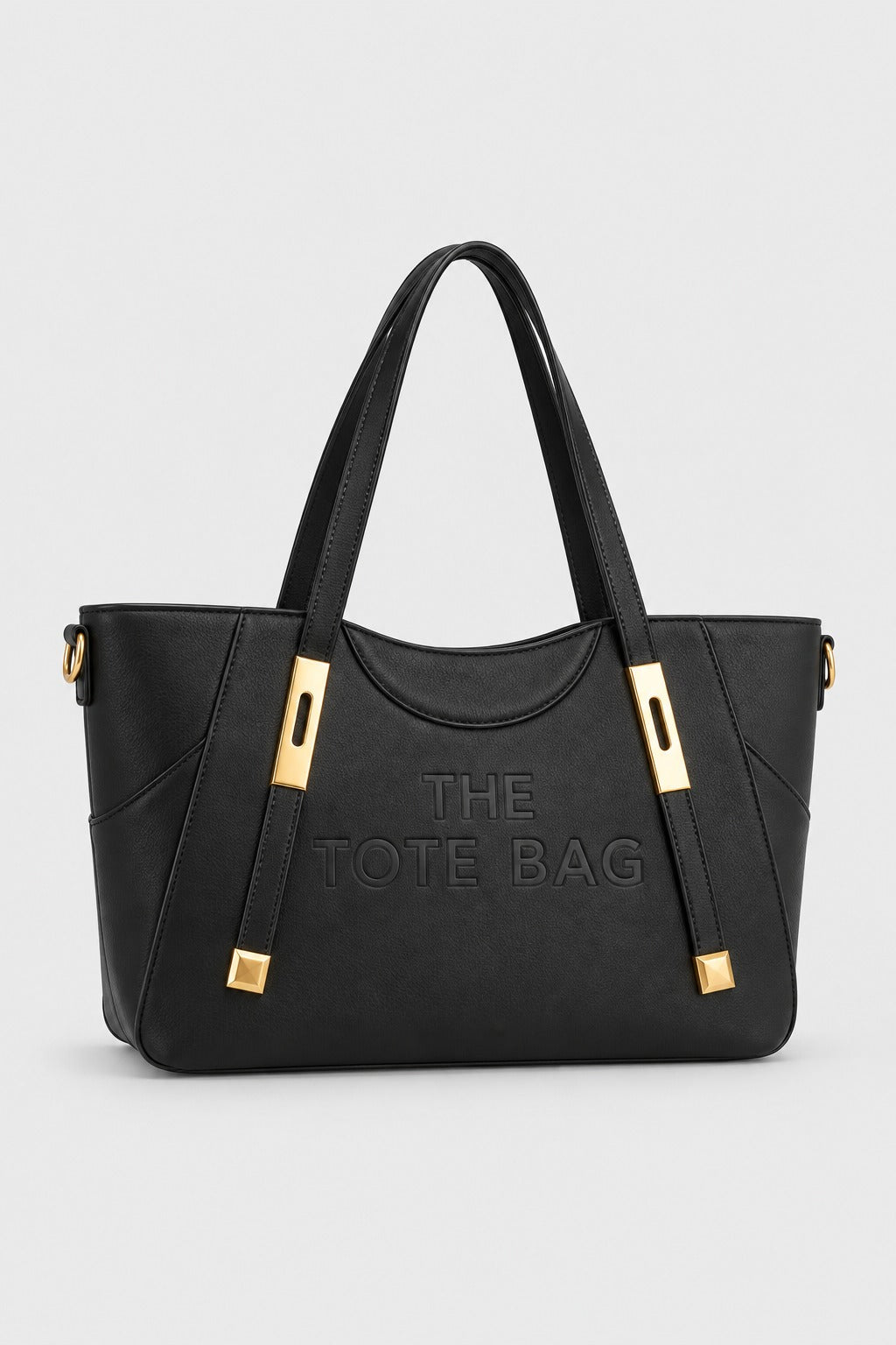 Embossed Slogan Gold Hardware Tote Bag - BLACK