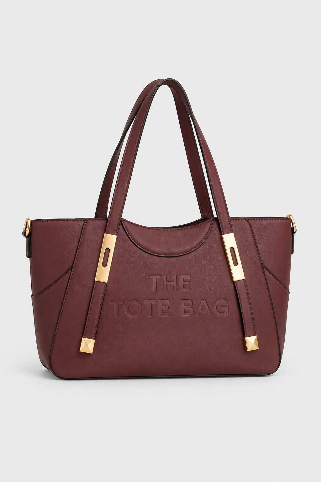 Embossed Slogan Gold Hardware Tote Bag - BURGUNDY