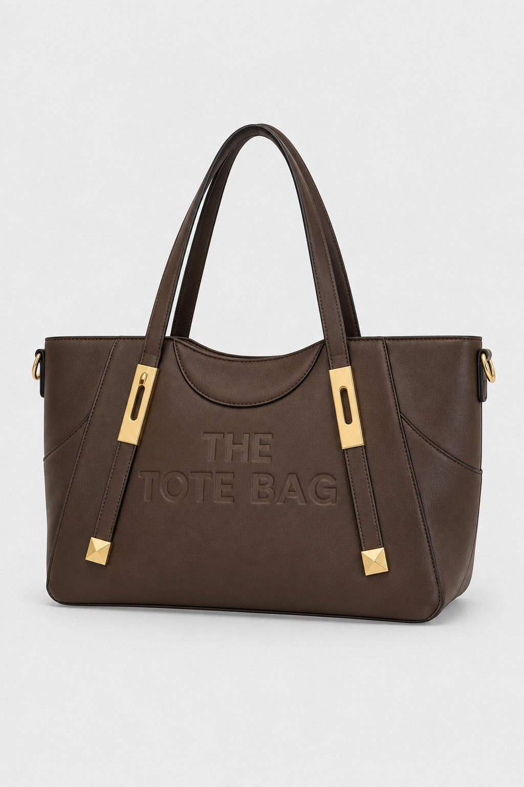 Embossed Slogan Gold Hardware Tote Bag - COFFEE