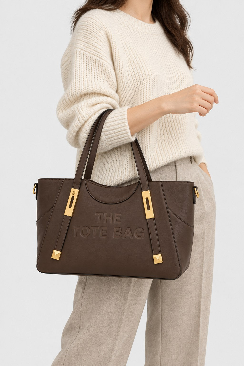 Embossed Slogan Gold Hardware Tote Bag