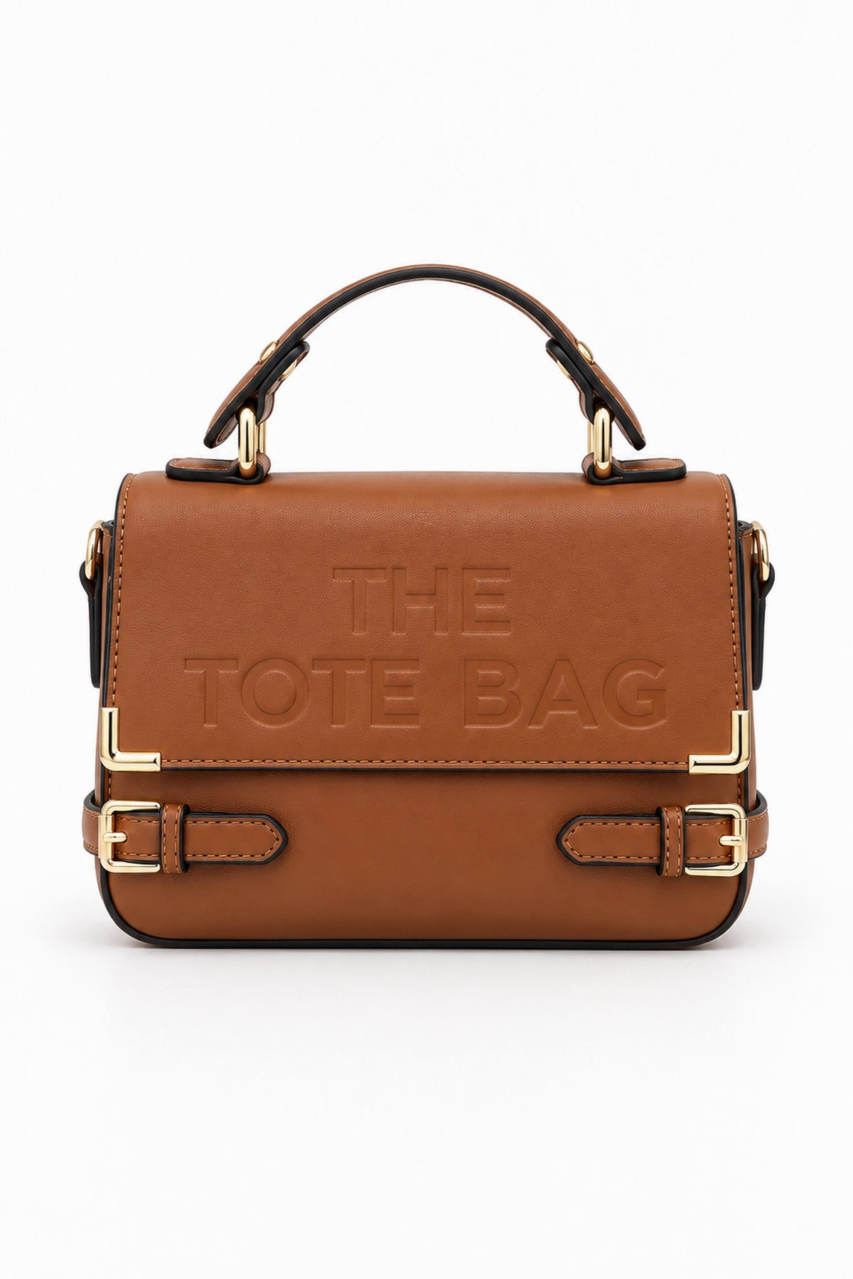 Embossed Slogan Buckle Top Handle Satchel Bag - BROWN