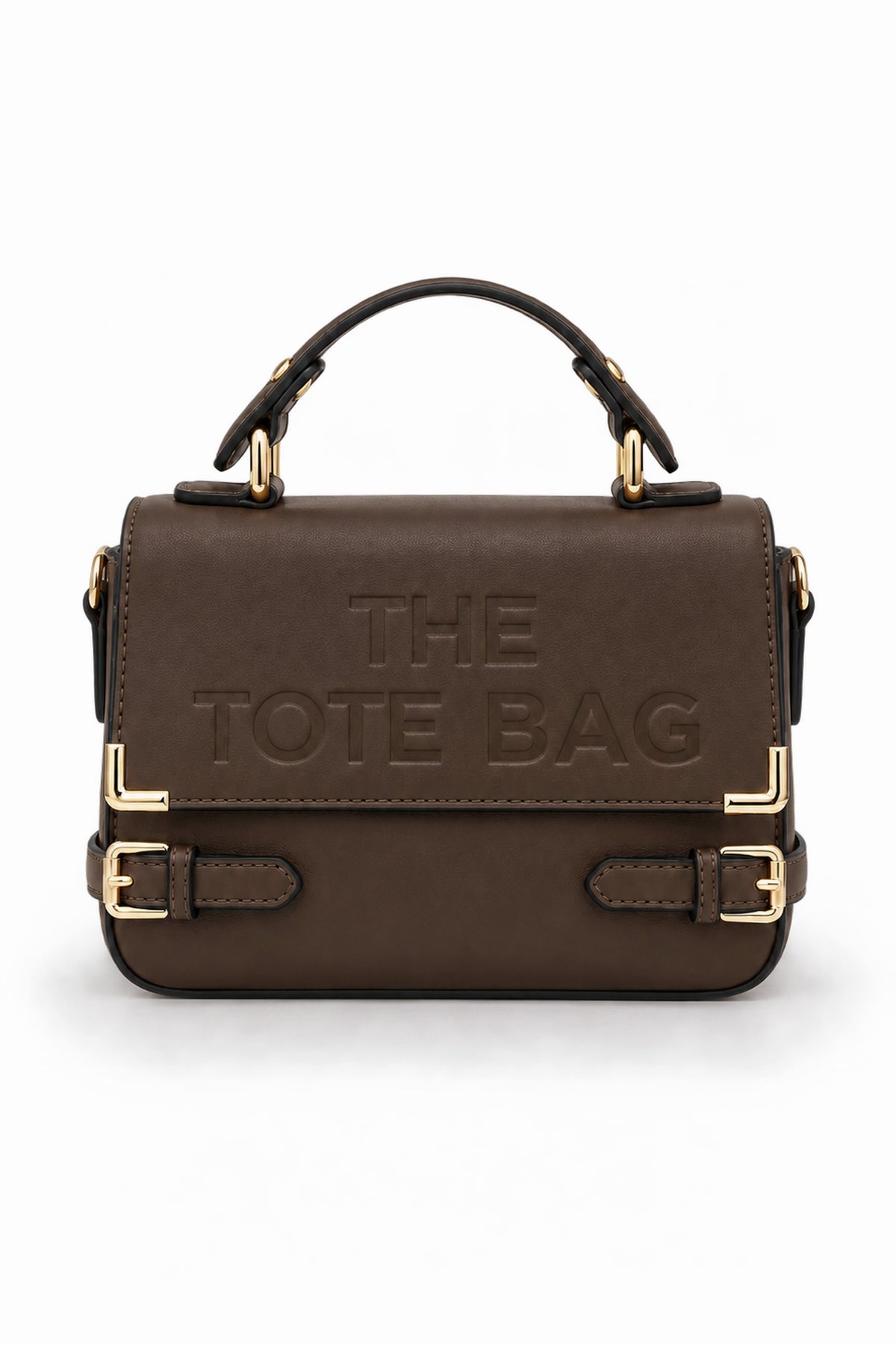 Embossed Slogan Buckle Top Handle Satchel Bag - COFFEE