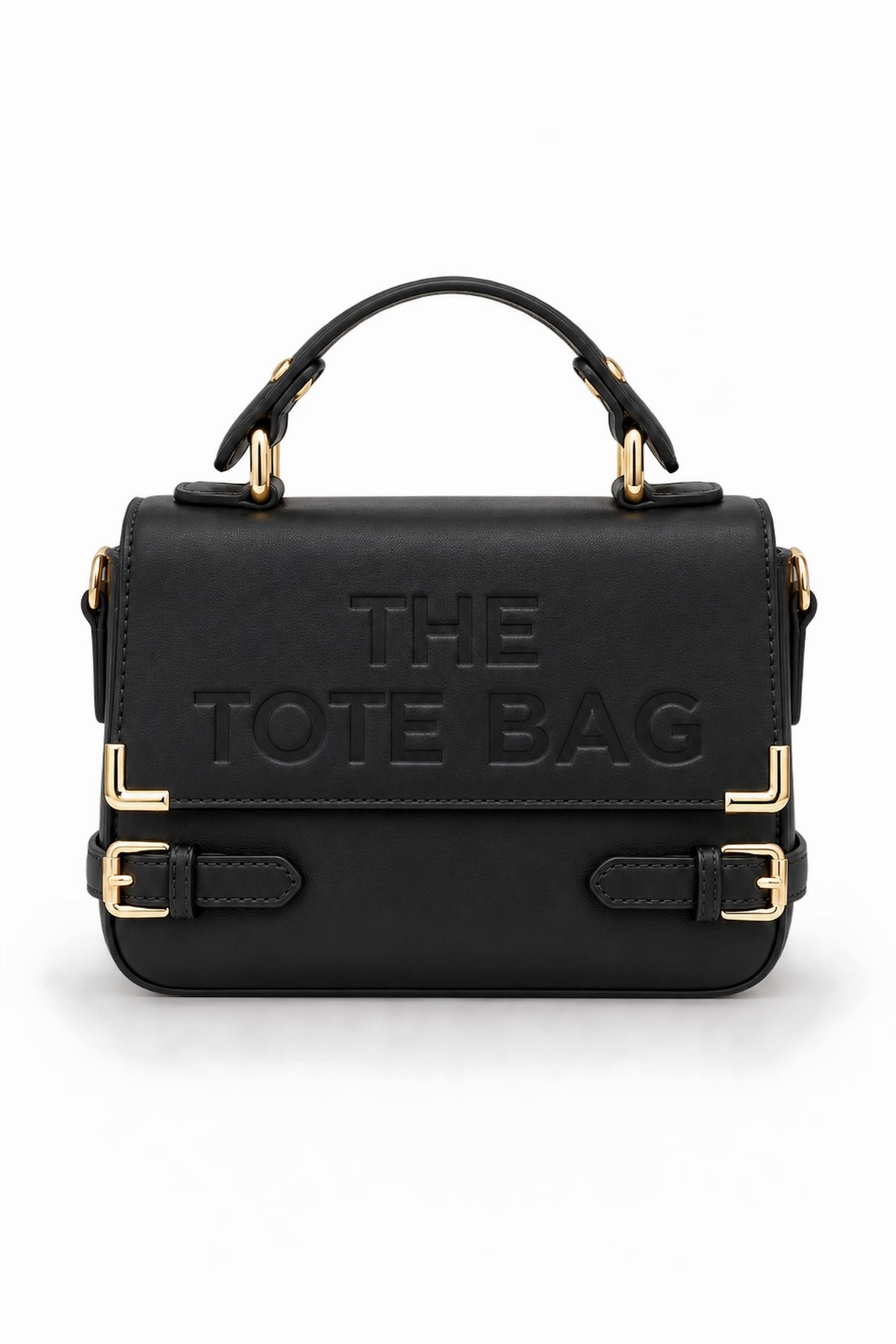 Embossed Slogan Buckle Top Handle Satchel Bag - BLACK