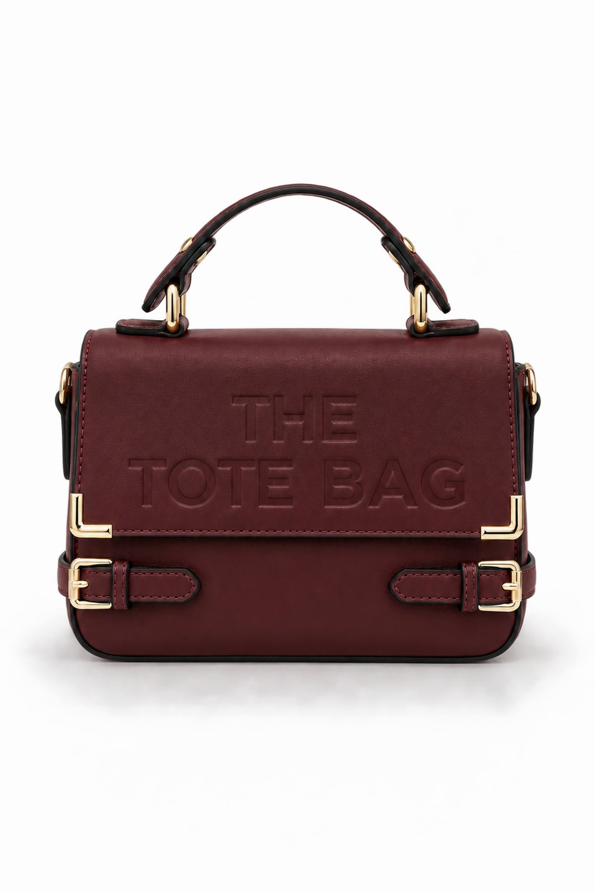 Embossed Slogan Buckle Top Handle Satchel Bag - BURGUNDY