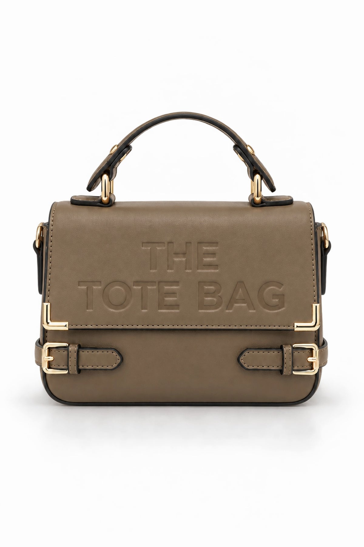 Embossed Slogan Buckle Top Handle Satchel Bag - KHAKI