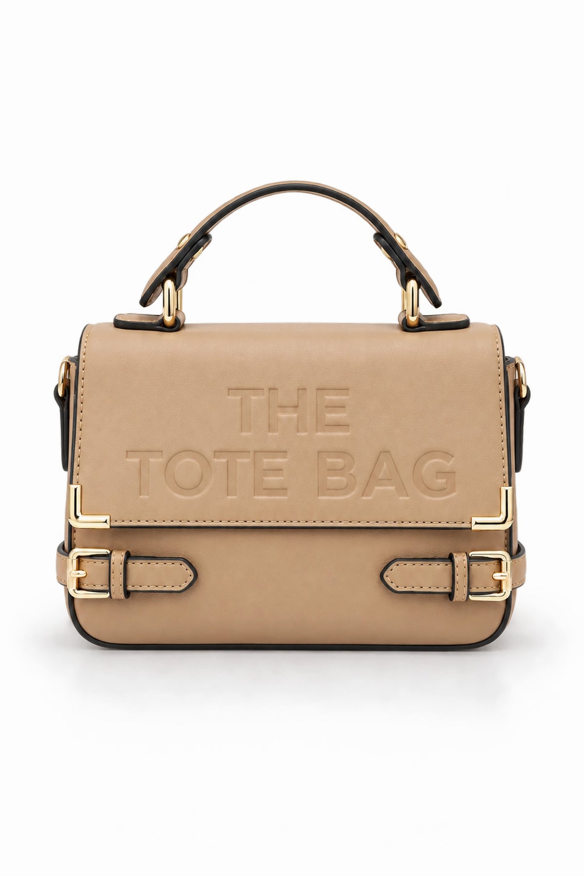 Embossed Slogan Buckle Top Handle Satchel Bag - APRICOT
