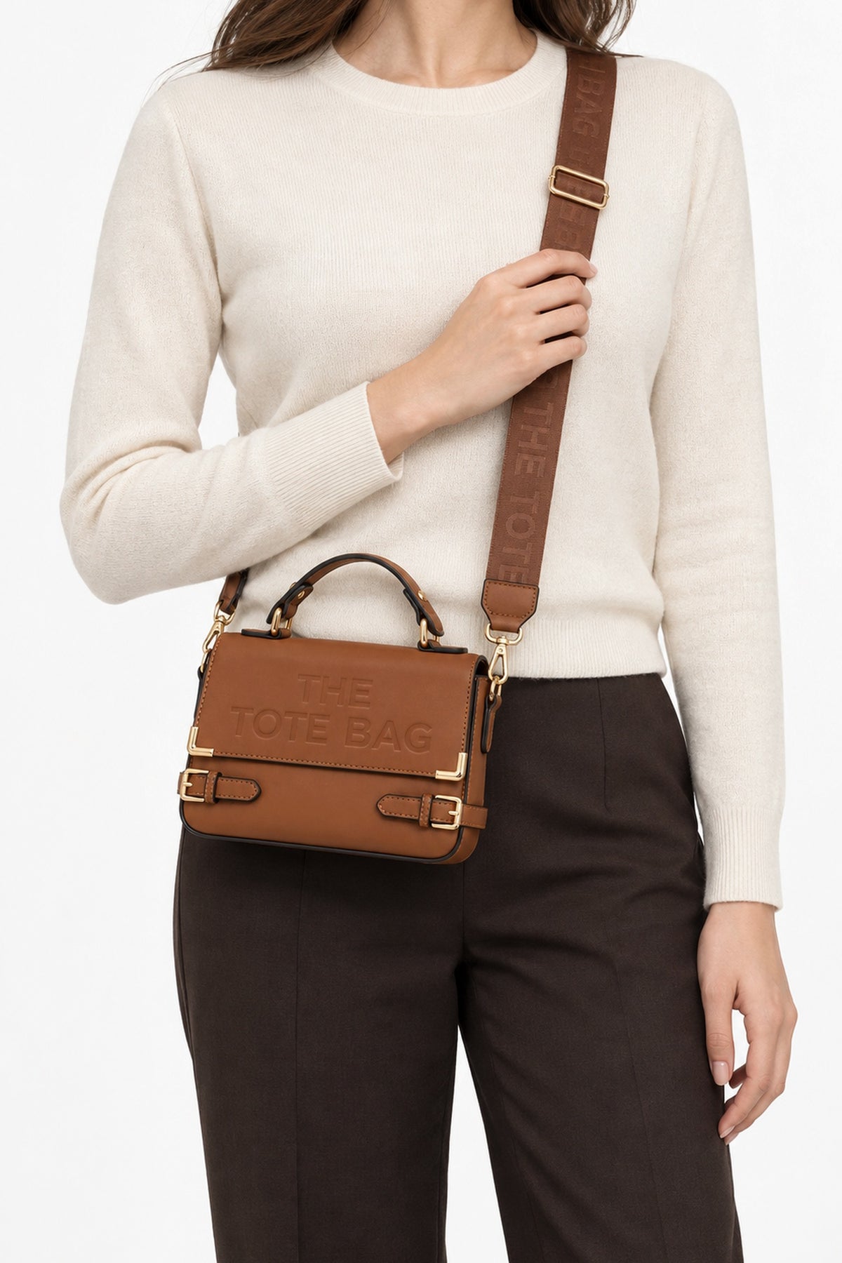 Embossed Slogan Buckle Top Handle Satchel Bag - BROWN worn crossbody by model