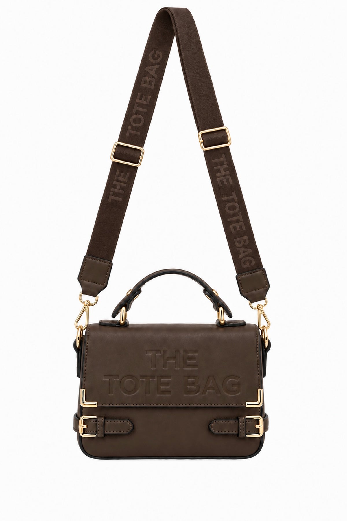 Embossed Slogan Buckle Top Handle Satchel Bag - COFFEE with woven crossbody strap