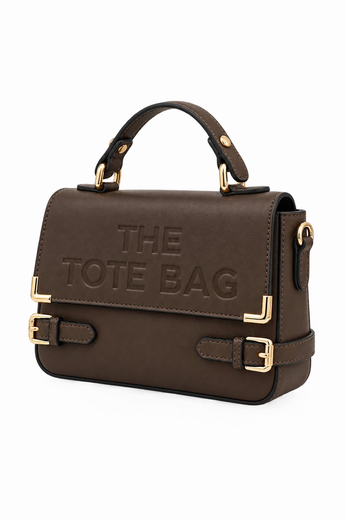 Embossed Slogan Buckle Top Handle Satchel Bag - COFFEE angled view