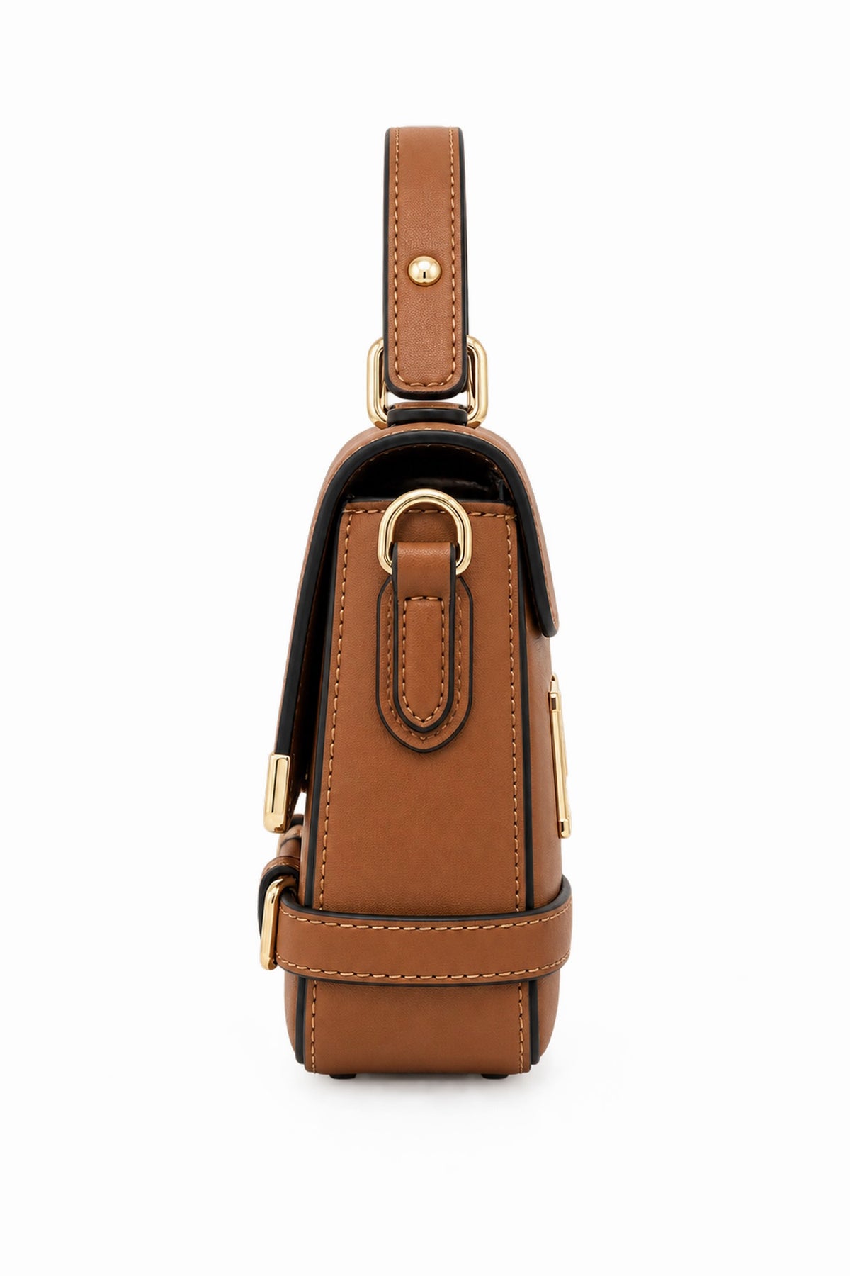 Embossed Slogan Buckle Top Handle Satchel Bag - BROWN side view
