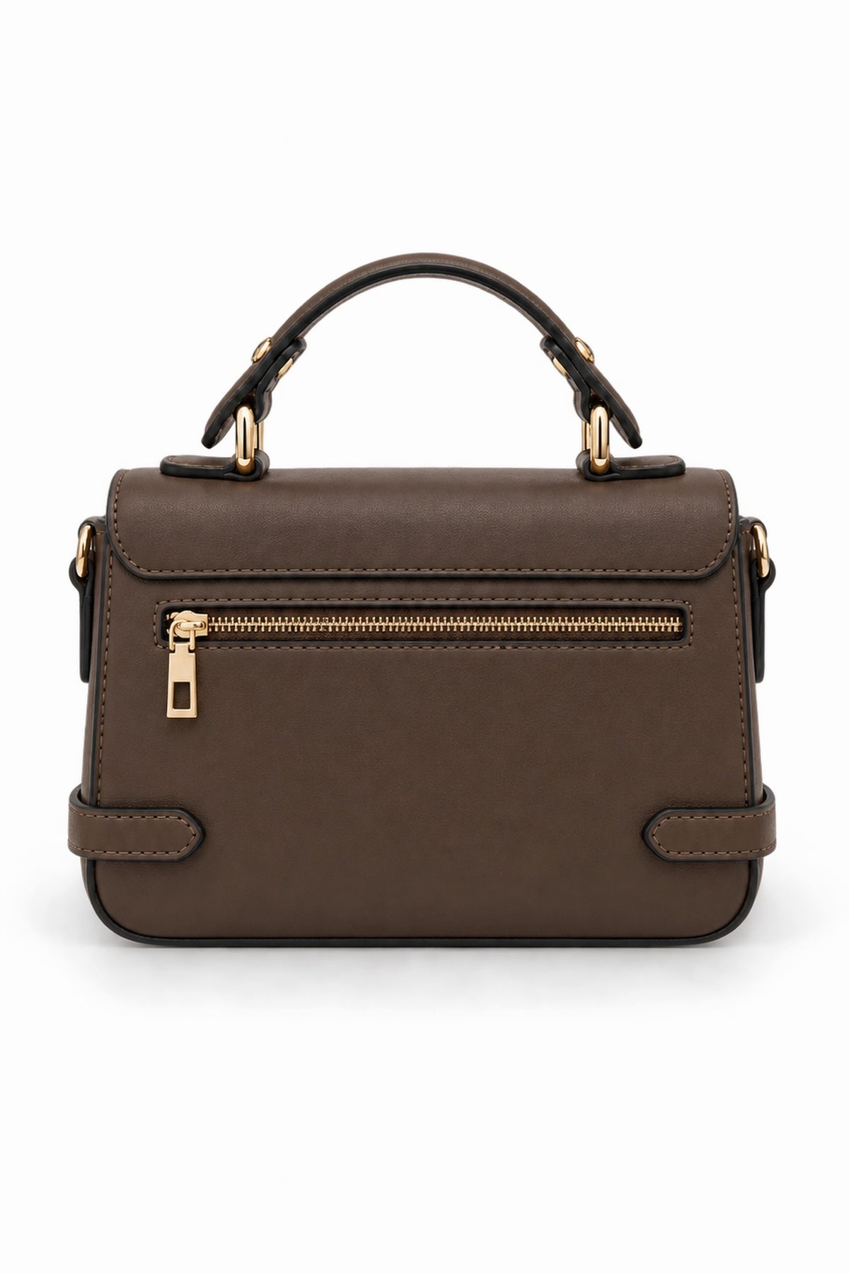 Embossed Slogan Buckle Top Handle Satchel Bag - COFFEE back view with zipped pocket
