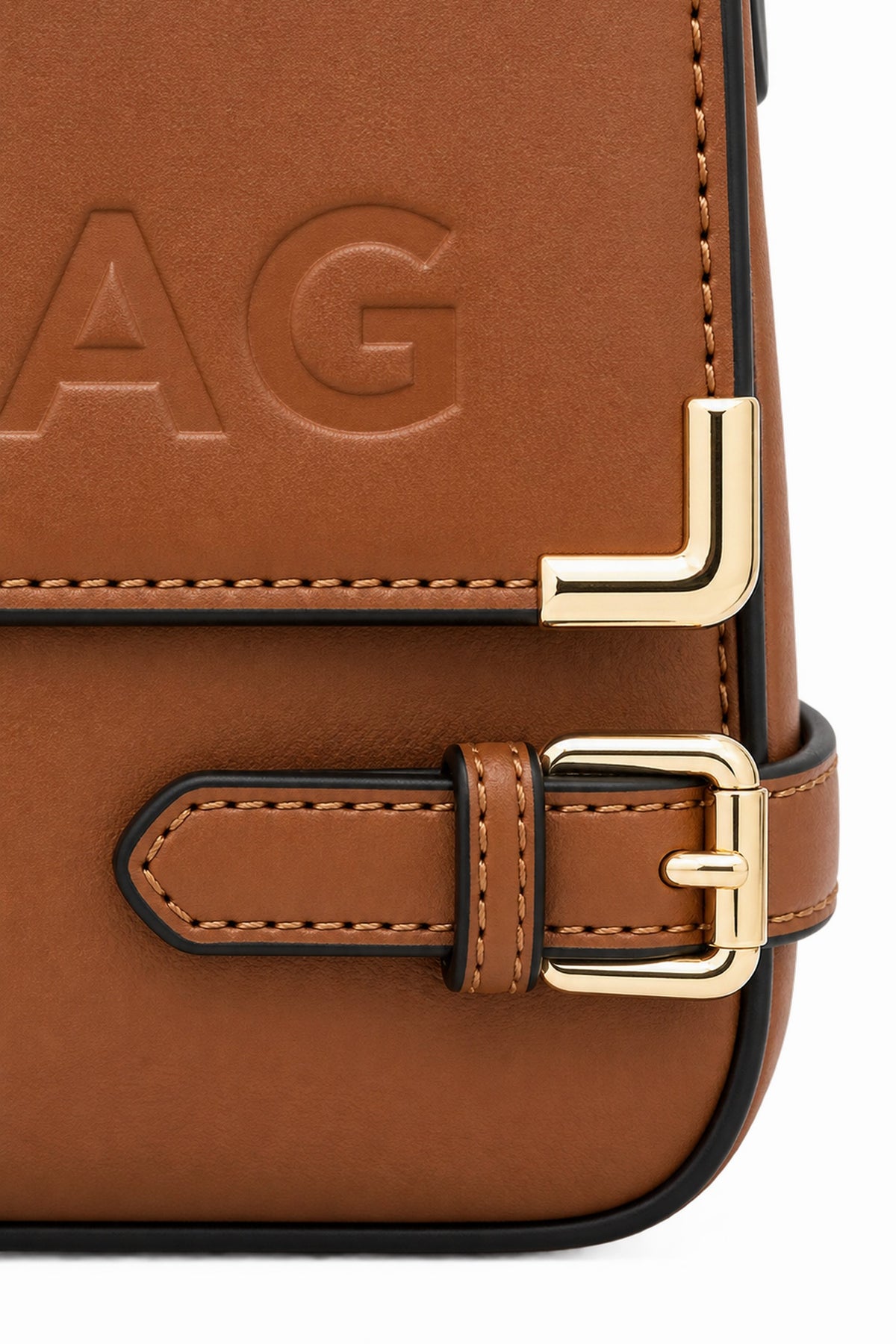 Embossed Slogan Buckle Top Handle Satchel Bag - BROWN buckle and corner cap detail