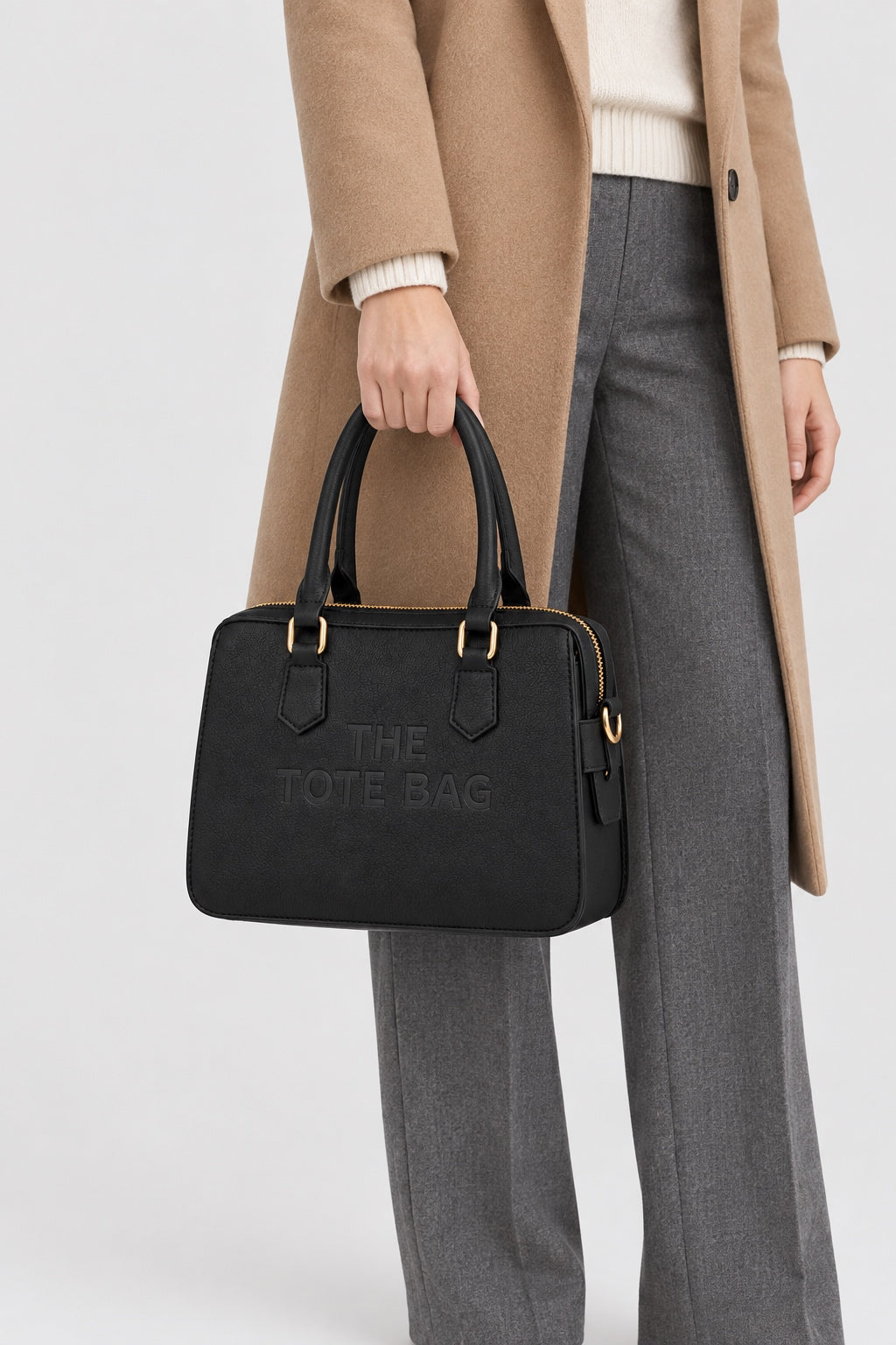 Embossed Slogan Structured Tote Bag - BLACK carried by model