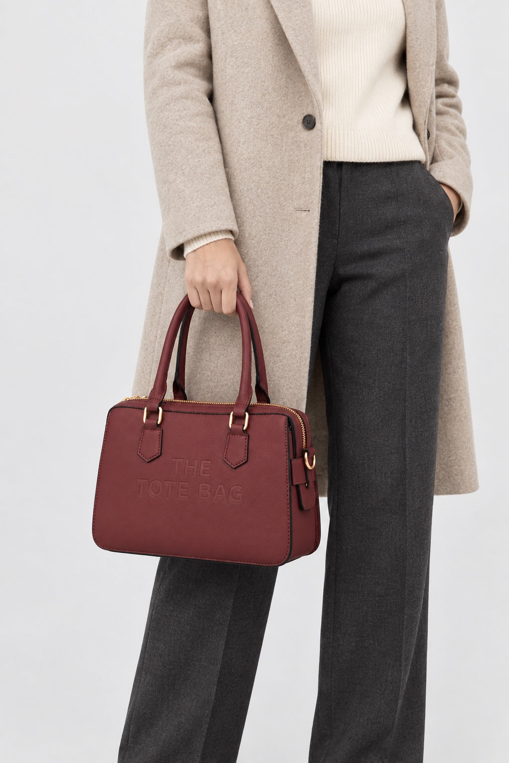 Embossed Slogan Structured Tote Bag - BURGUNDY carried by model