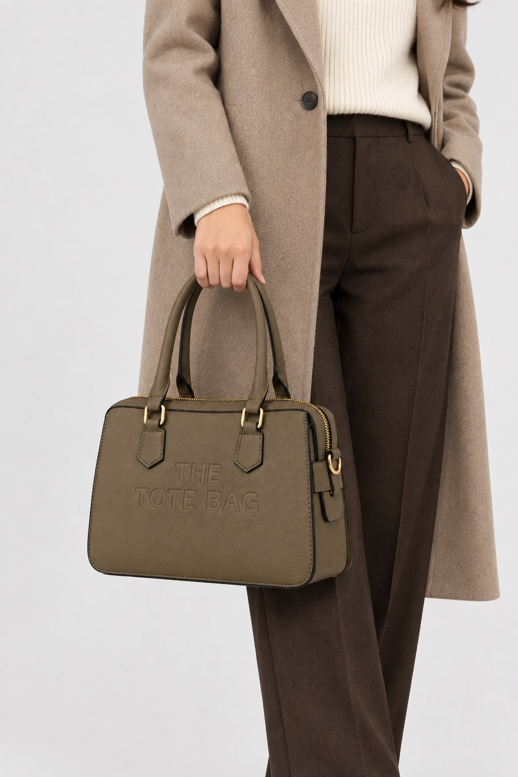 Embossed Slogan Structured Tote Bag - KHAKI carried by model