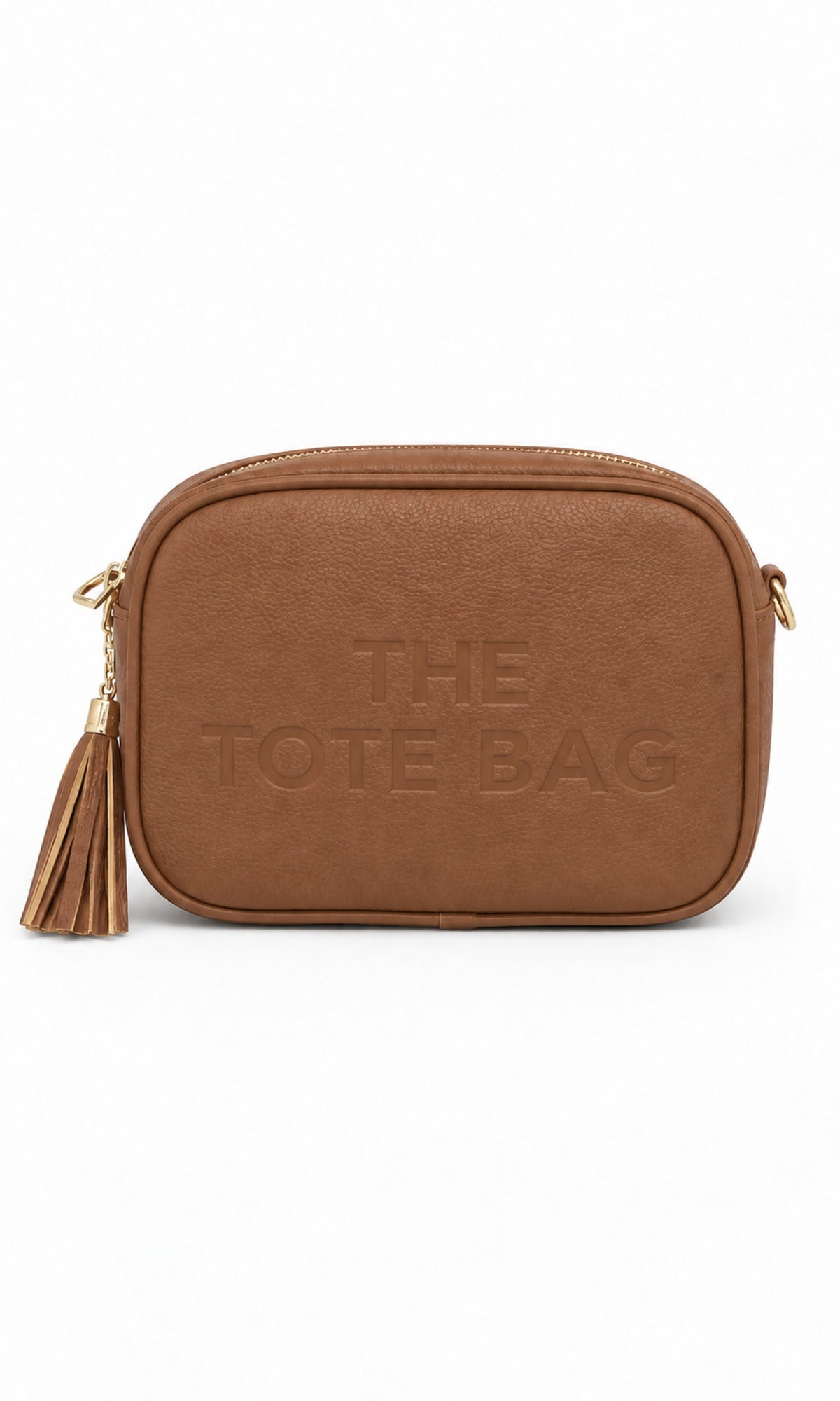 Embossed Slogan Tassel Camera Crossbody Bag