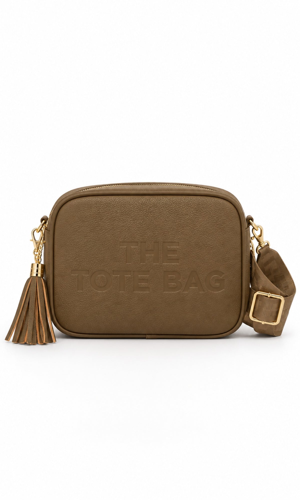 Embossed Slogan Tassel Camera Crossbody Bag