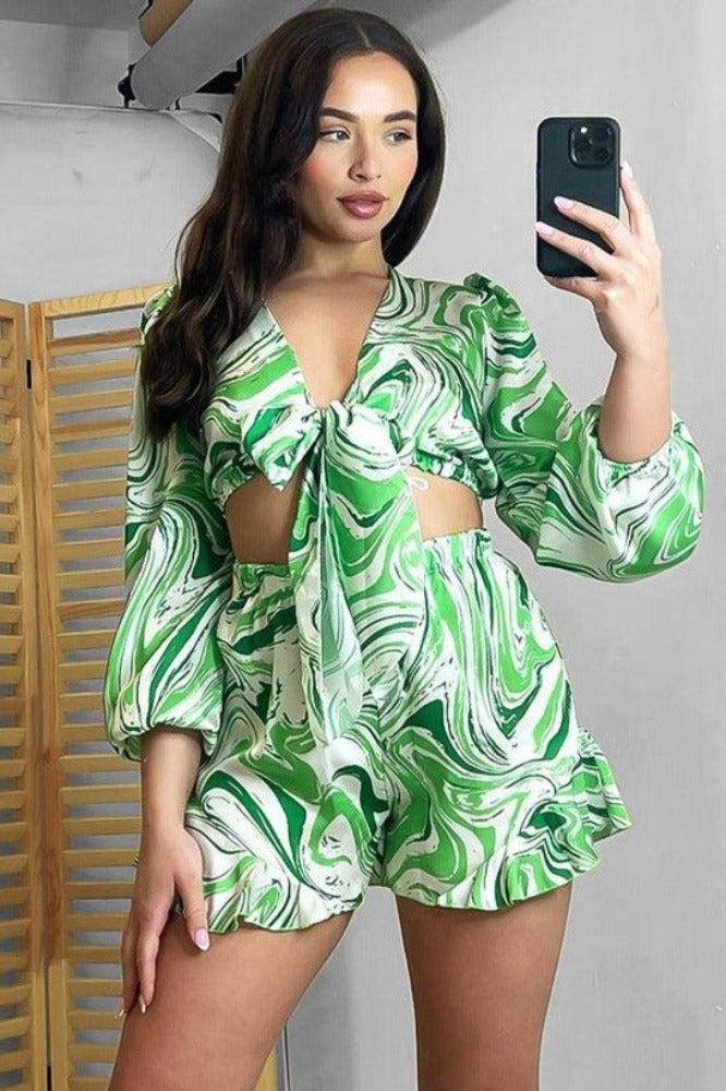 Marble Swirl Cropped Tie Up Shirt And Shorts Set-SinglePrice