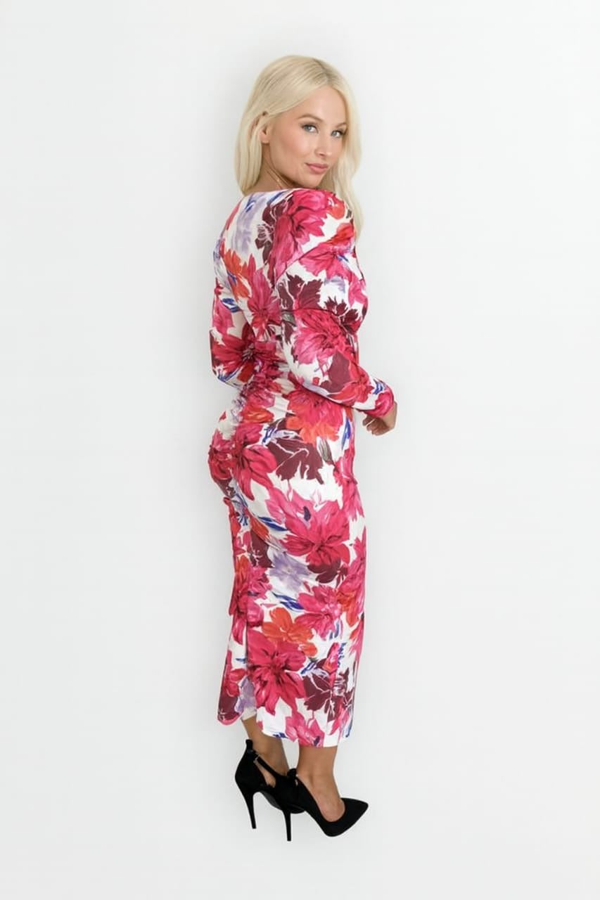Ruched Puff Long Sleeve Low Cut Floral Print Slinky Bodycon Dress