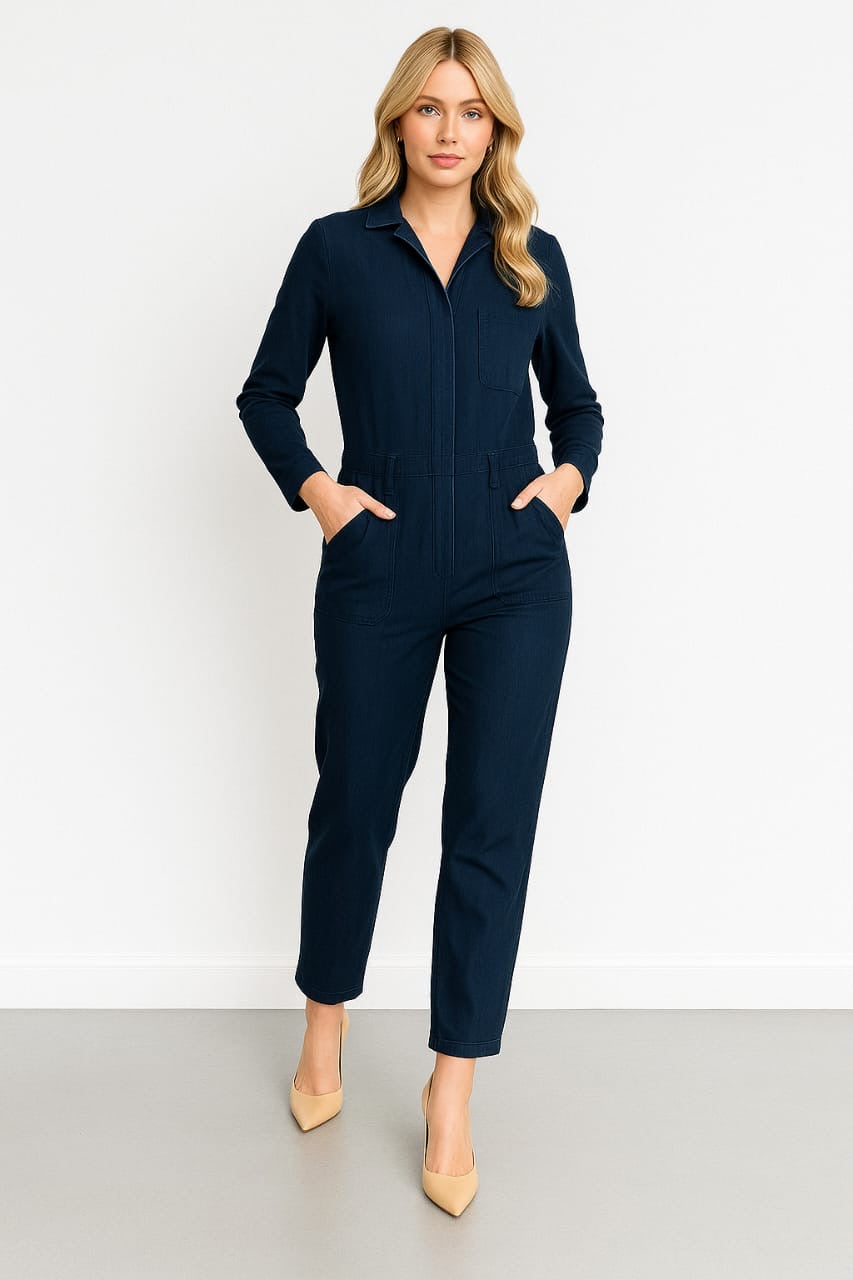 Washed Faded Denim Smart Collar Lightweight Jumpsuit