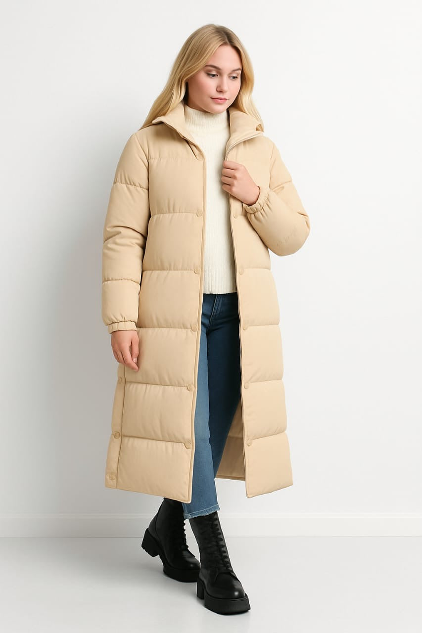High Neck Quilted Opening Sides Midi Puffer Parker Jacket