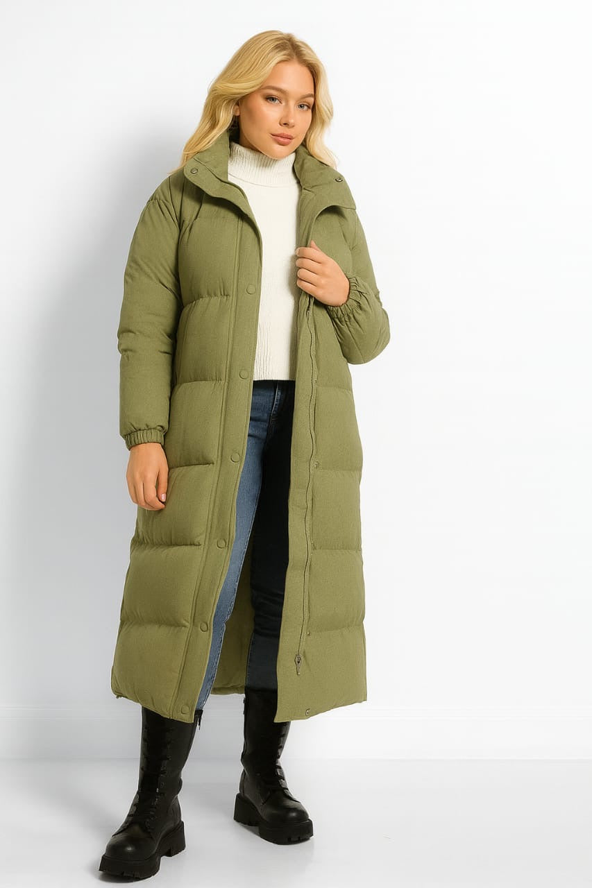 High Neck Quilted Opening Sides Midi Puffer Parker Jacket