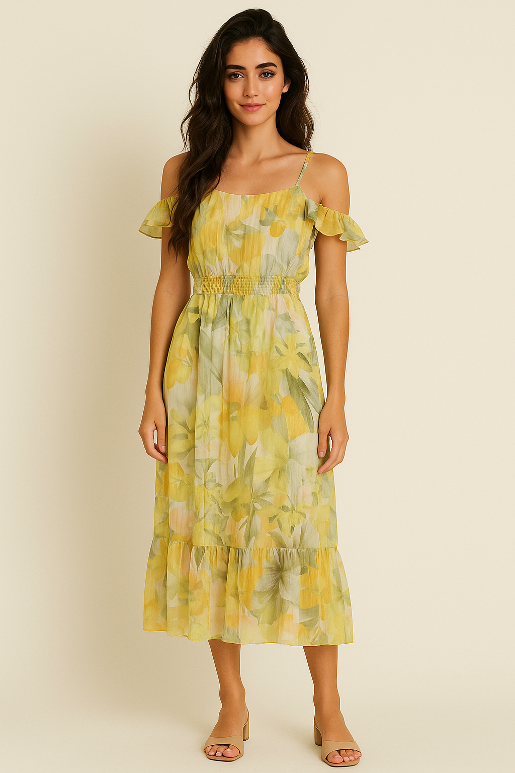 Floral Print Crinkled Pinstripe Chiffone Flowy Maxi Dress