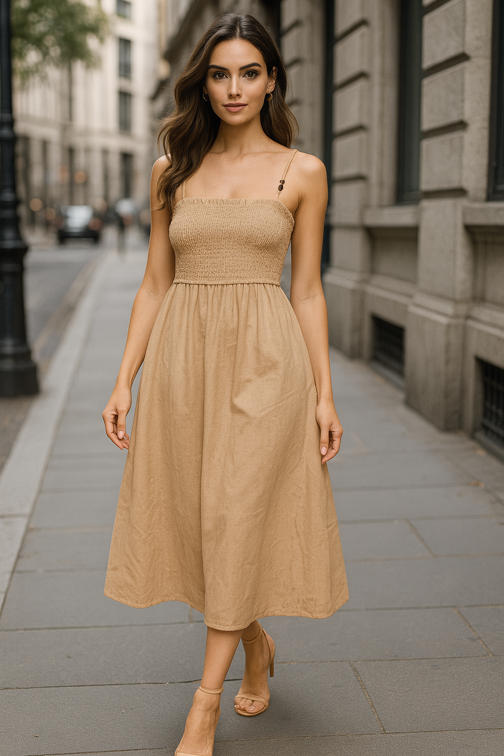 Adjustable Straps Elasticated Waist Linen Long A-Line Dress