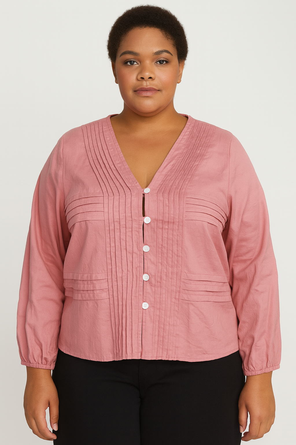 V-Neckline Puff Long Sleeve Cotton Blend Blouse