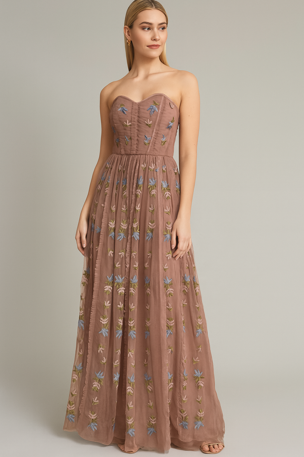 Strapless Floral Embroidery Tall Girlfriendly Occasion Dress