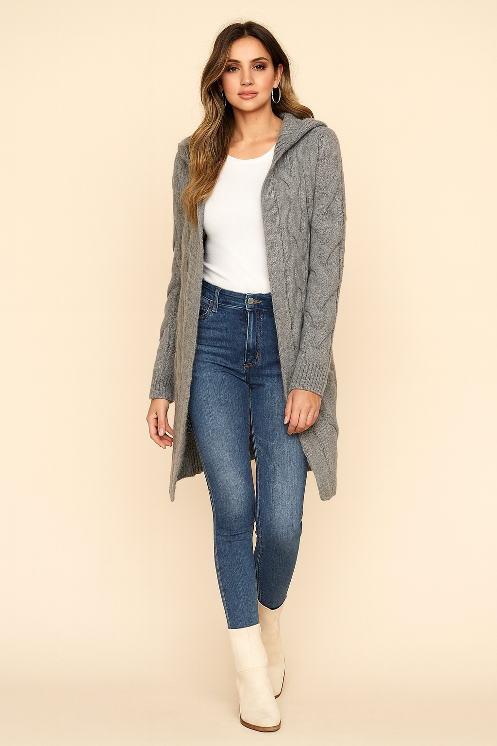 Chunky Cable Knit Hooded Longline Cardigan