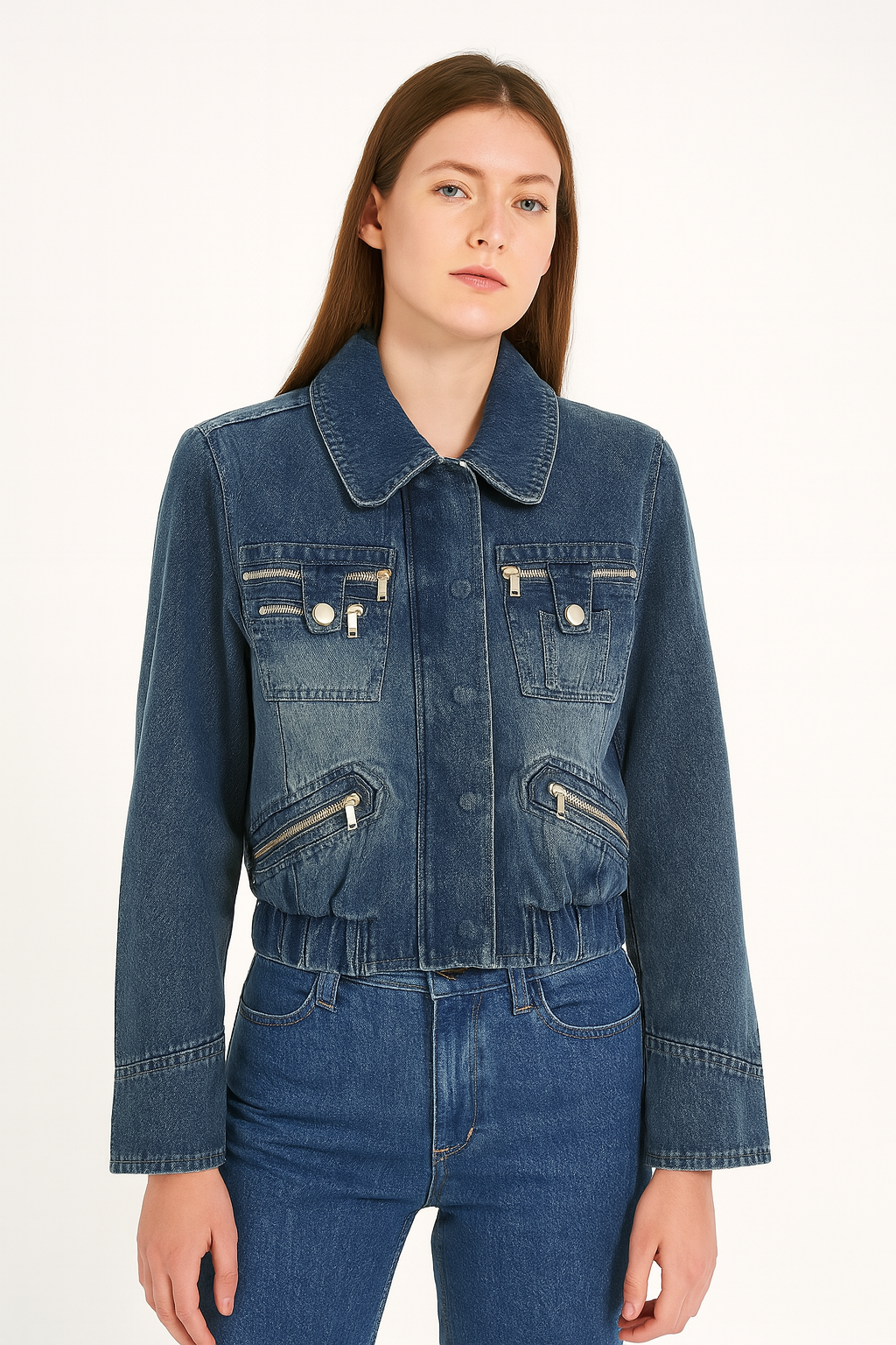 Multi Zip Utility Cropped Faded Denim Jacket