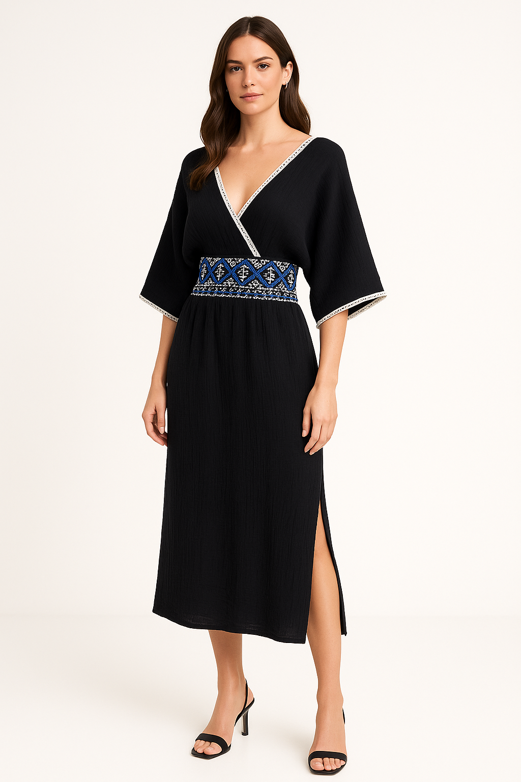 Boho Wrap Style Low Cut Neckline Side Slits Cotton Cheesecloth Midaxi Dress
