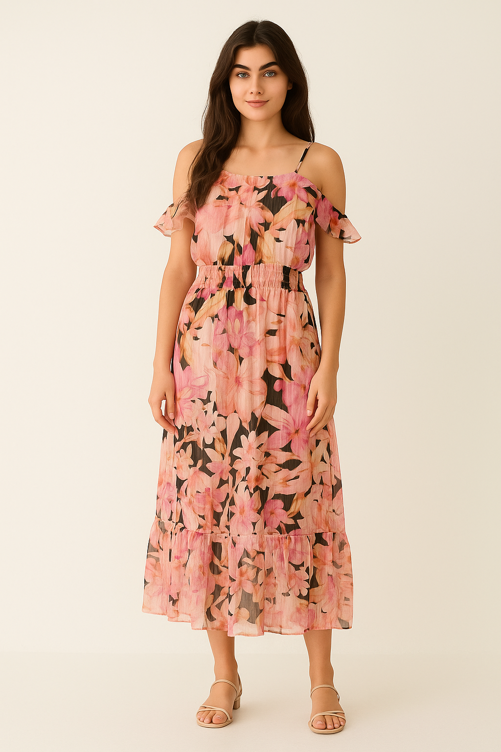 Floral Print Crinkled Pinstripe Chiffone Flowy Maxi Dress