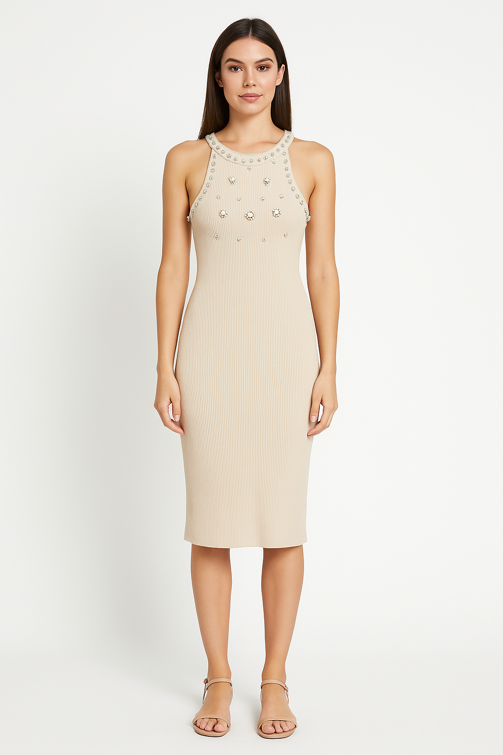 Wholesale Women's Sleeveless Embellished Ribbed Viscose Blend Knit Midi Dress (PACK OF 6)