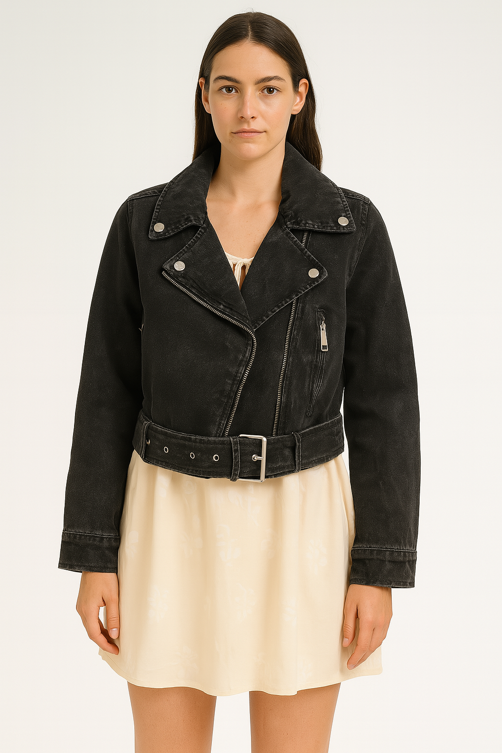Faded Black Denim Cropped Biker Jacket